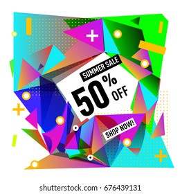 Summer sale geometric style web banner. Fashion and travel discount. Vector holiday Abstract colorful illustration with special offers and promotions.
