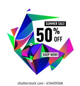 Summer sale geometric style web banner. Fashion and travel discount. Vector holiday Abstract colorful illustration with special offers and promotions.