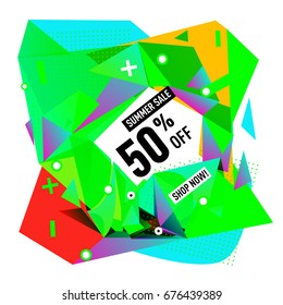 Summer sale geometric style web banner. Fashion and travel discount. Vector holiday Abstract colorful illustration with special offers and promotions.