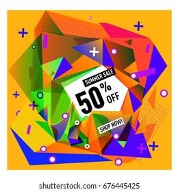 Summer sale geometric style web banner. Fashion and travel discount. Vector holiday Abstract colorful illustration with special offers and promotions.