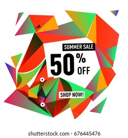 Summer sale geometric style web banner. Fashion and travel discount. Vector holiday Abstract colorful illustration with special offers and promotions.