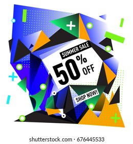 Summer sale geometric style web banner. Fashion and travel discount. Vector holiday Abstract colorful illustration with special offers and promotions.