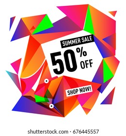 Summer sale geometric style web banner. Fashion and travel discount. Vector holiday Abstract colorful illustration with special offers and promotions.