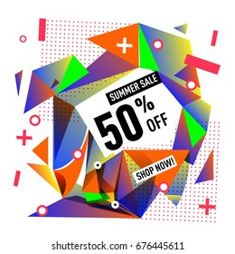 Summer sale geometric style web banner. Fashion and travel discount. Vector holiday Abstract colorful illustration with special offers and promotions.