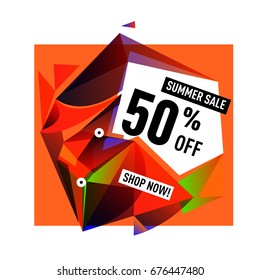 Summer sale geometric style web banner. Fashion and travel discount. Vector holiday Abstract colorful illustration with special offers and promotions.