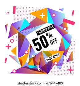 Summer sale geometric style web banner. Fashion and travel discount. Vector holiday Abstract colorful illustration with special offers and promotions.