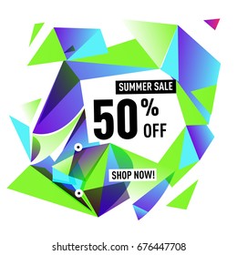 Summer sale geometric style web banner. Fashion and travel discount. Vector holiday Abstract colorful illustration with special offers and promotions.