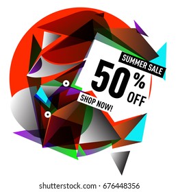 Summer sale geometric style web banner. Fashion and travel discount. Vector holiday Abstract colorful illustration with special offers and promotions.