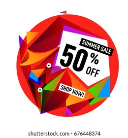 Summer sale geometric style web banner. Fashion and travel discount. Vector holiday Abstract colorful illustration with special offers and promotions.
