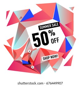 Summer sale geometric style web banner. Fashion and travel discount. Vector holiday Abstract colorful illustration with special offers and promotions.
