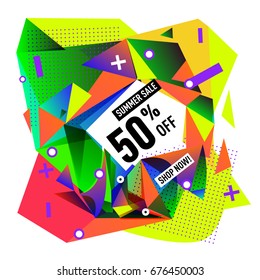 Summer sale geometric style web banner. Fashion and travel discount. Vector holiday Abstract colorful illustration with special offers and promotions.