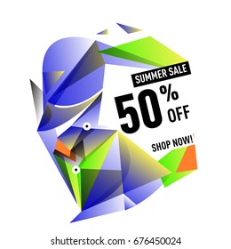 Summer sale geometric style web banner. Fashion and travel discount. Vector holiday Abstract colorful illustration with special offers and promotions.