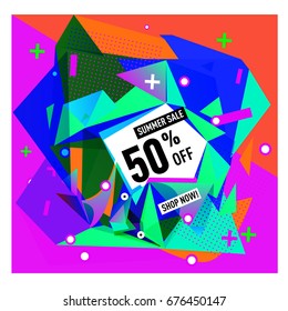 Summer sale geometric style web banner. Fashion and travel discount. Vector holiday Abstract colorful illustration with special offers and promotions.