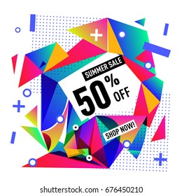 Summer sale geometric style web banner. Fashion and travel discount. Vector holiday Abstract colorful illustration with special offers and promotions.