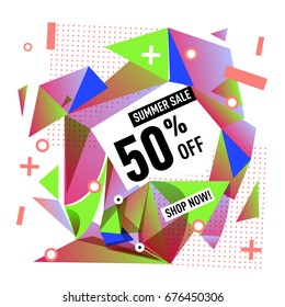 Summer sale geometric style web banner. Fashion and travel discount. Vector holiday Abstract colorful illustration with special offers and promotions.
