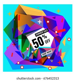 Summer sale geometric style web banner. Fashion and travel discount. Vector holiday Abstract colorful illustration with special offers and promotions.