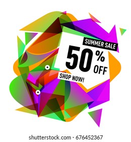 Summer sale geometric style web banner. Fashion and travel discount. Vector holiday Abstract colorful illustration with special offers and promotions.