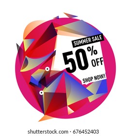Summer sale geometric style web banner. Fashion and travel discount. Vector holiday Abstract colorful illustration with special offers and promotions.