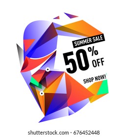 Summer sale geometric style web banner. Fashion and travel discount. Vector holiday Abstract colorful illustration with special offers and promotions.