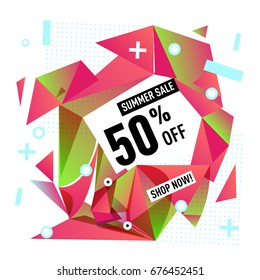 Summer sale geometric style web banner. Fashion and travel discount. Vector holiday Abstract colorful illustration with special offers and promotions.