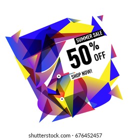 Summer sale geometric style web banner. Fashion and travel discount. Vector holiday Abstract colorful illustration with special offers and promotions.