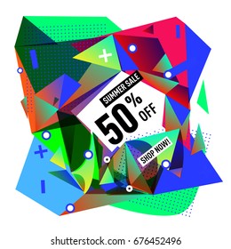 Summer sale geometric style web banner. Fashion and travel discount. Vector holiday Abstract colorful illustration with special offers and promotions.