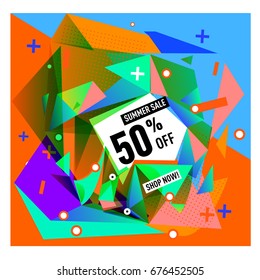Summer sale geometric style web banner. Fashion and travel discount. Vector holiday Abstract colorful illustration with special offers and promotions.