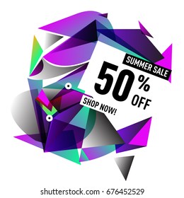 Summer sale geometric style web banner. Fashion and travel discount. Vector holiday Abstract colorful illustration with special offers and promotions.