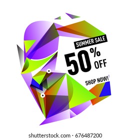 Summer sale geometric style web banner. Fashion and travel discount. Vector holiday Abstract colorful illustration with special offers and promotions.