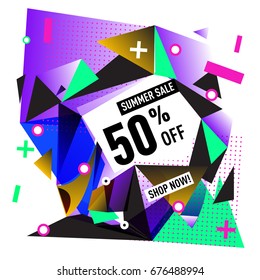 Summer sale geometric style web banner. Fashion and travel discount. Vector holiday Abstract colorful illustration with special offers and promotions.