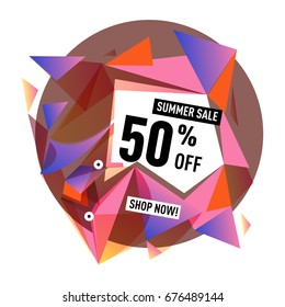 Summer sale geometric style web banner. Fashion and travel discount. Vector holiday Abstract colorful illustration with special offers and promotions.