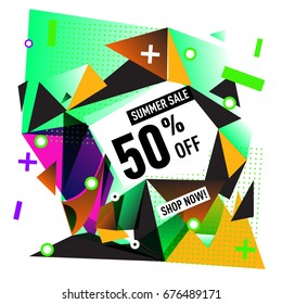 Summer sale geometric style web banner. Fashion and travel discount. Vector holiday Abstract colorful illustration with special offers and promotions.