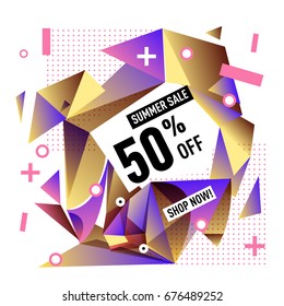 Summer sale geometric style web banner. Fashion and travel discount. Vector holiday Abstract colorful illustration with special offers and promotions.