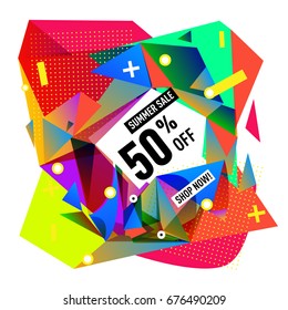 Summer sale geometric style web banner. Fashion and travel discount. Vector holiday Abstract colorful illustration with special offers and promotions.