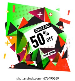 Summer sale geometric style web banner. Fashion and travel discount. Vector holiday Abstract colorful illustration with special offers and promotions.