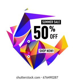 Summer sale geometric style web banner. Fashion and travel discount. Vector holiday Abstract colorful illustration with special offers and promotions.
