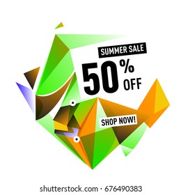 Summer sale geometric style web banner. Fashion and travel discount. Vector holiday Abstract colorful illustration with special offers and promotions.