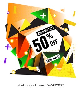 Summer sale geometric style web banner. Fashion and travel discount. Vector holiday Abstract colorful illustration with special offers and promotions.