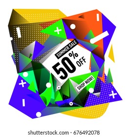 Summer sale geometric style web banner. Fashion and travel discount. Vector holiday Abstract colorful illustration with special offers and promotions.