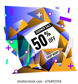 Summer sale geometric style web banner. Fashion and travel discount. Vector holiday Abstract colorful illustration with special offers and promotions.