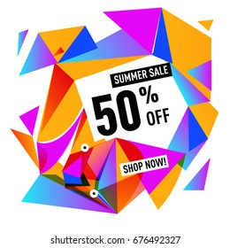 Summer sale geometric style web banner. Fashion and travel discount. Vector holiday Abstract colorful illustration with special offers and promotions.