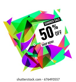 Summer sale geometric style web banner. Fashion and travel discount. Vector holiday Abstract colorful illustration with special offers and promotions.