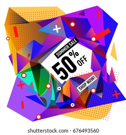 Summer sale geometric style web banner. Fashion and travel discount. Vector holiday Abstract colorful illustration with special offers and promotions.