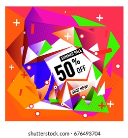 Summer sale geometric style web banner. Fashion and travel discount. Vector holiday Abstract colorful illustration with special offers and promotions.