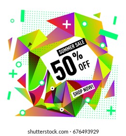 Summer sale geometric style web banner. Fashion and travel discount. Vector holiday Abstract colorful illustration with special offers and promotions.