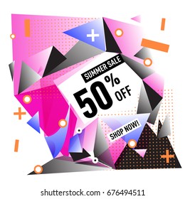 Summer sale geometric style web banner. Fashion and travel discount. Vector holiday Abstract colorful illustration with special offers and promotions.