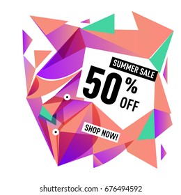 Summer sale geometric style web banner. Fashion and travel discount. Vector holiday Abstract colorful illustration with special offers and promotions.