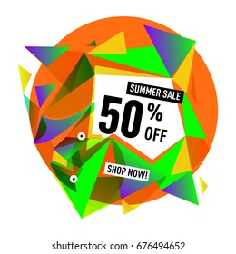Summer sale geometric style web banner. Fashion and travel discount. Vector holiday Abstract colorful illustration with special offers and promotions.