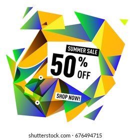 Summer sale geometric style web banner. Fashion and travel discount. Vector holiday Abstract colorful illustration with special offers and promotions.