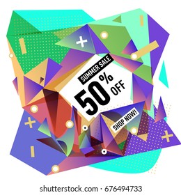 Summer sale geometric style web banner. Fashion and travel discount. Vector holiday Abstract colorful illustration with special offers and promotions.